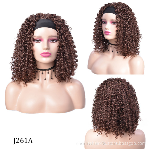 Wholesale High Quality Ombre Short Turban Headband Wigs Synthetic Kinky Curly Wigs With Easy Attached Headband For Black Women